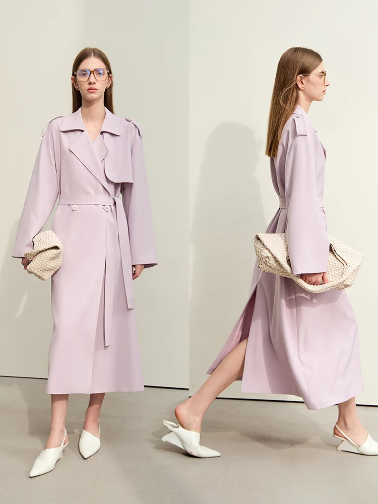  Minimalism Trench Coat for Women 2024 Spring New Commuter With Belt High Open Fork Long Dopamine Color Lady Blouse , light purple