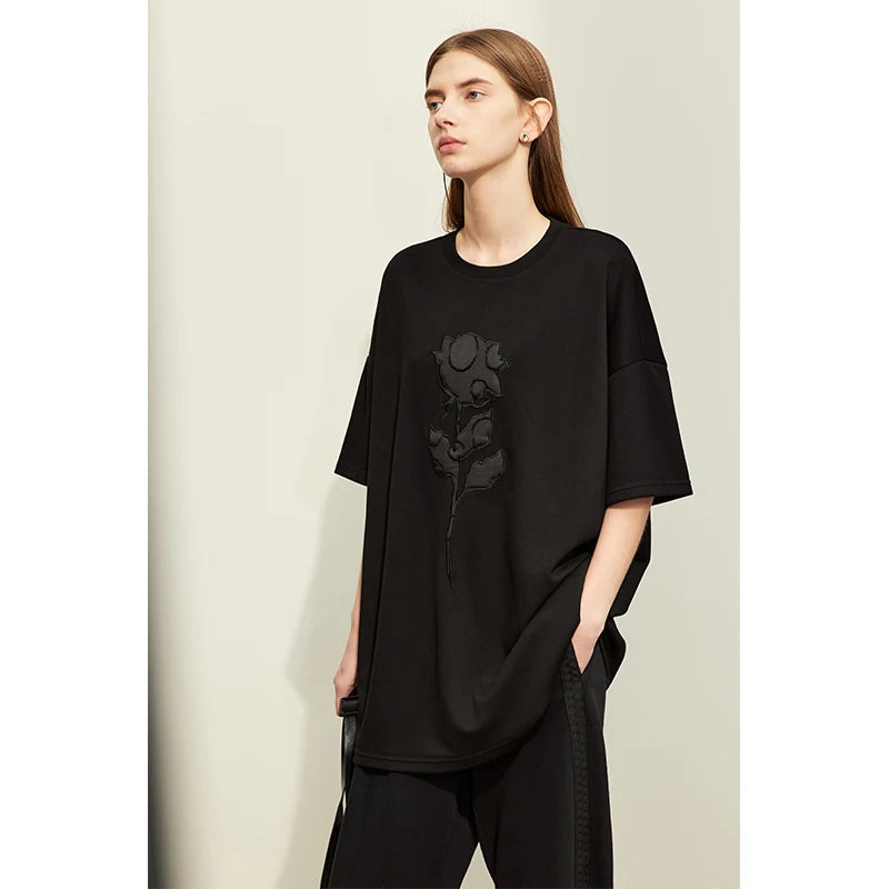 Minimalism T-shirts for Women Spring New Mid-length Loose Drop Short Sleeves Embroidery Stretch O-Neck Tops  71 427 321 893, 888 912 818848,  black