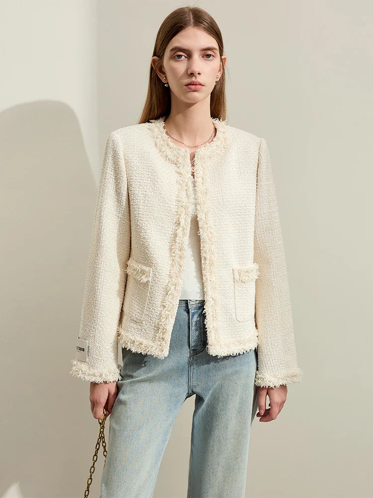   Minimalism Chambray Tweed Short Jacket For Women 2024 Spring New Elegant Crewneck Burlap Tassel Wide-waisted Coats , beige