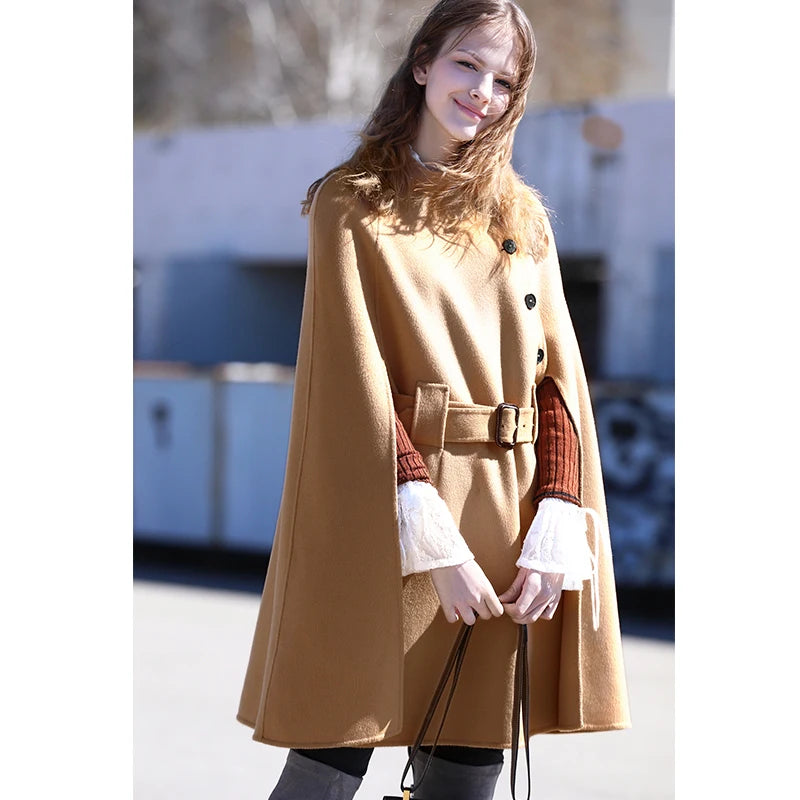 Minimalist 100% wool coat for women, warm and elegant overcoat, fashionable, bat sleeves, suburban clothing, elegant, spring, autumn, camel